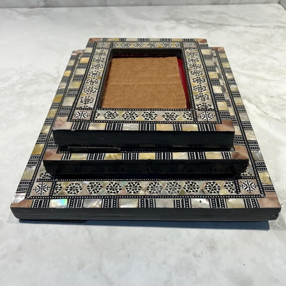 Handcrafted Mother of Pearl Mosaic Picture Frame: Beech Wood Inlay Set of 3